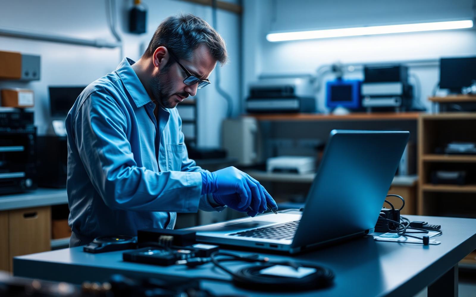 Técnico realizando manutenção em notebook